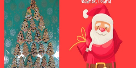 Powiększ grafikę: Infografika własna - marry christmas , choina z pierników zrobionych przez dzieci , Święty Mikołaj na czerwonym tle